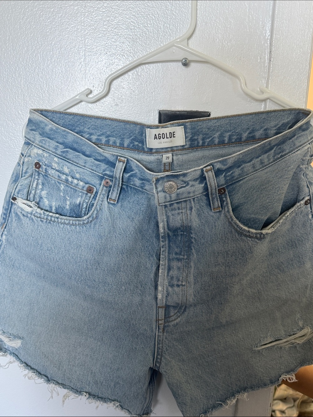 Agolde Light Blue Distressed Denim Cutoff Shorts